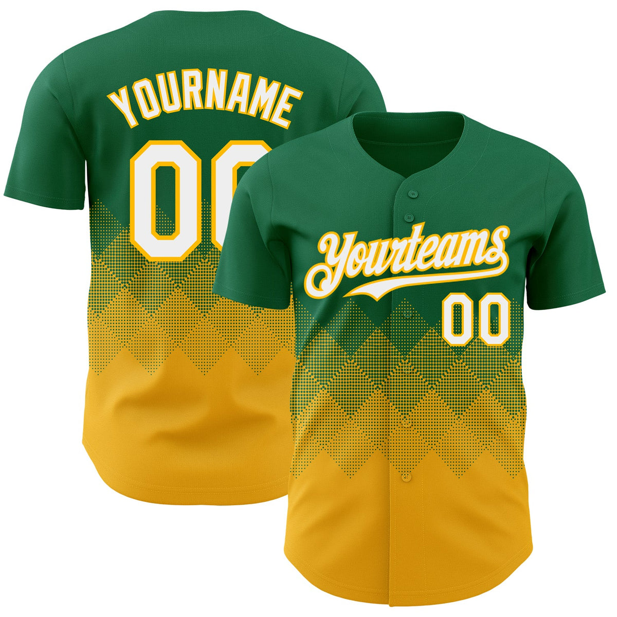 Custom Kelly Green White-Gold 3D Gradient Square Shape Authentic Baseball Jersey