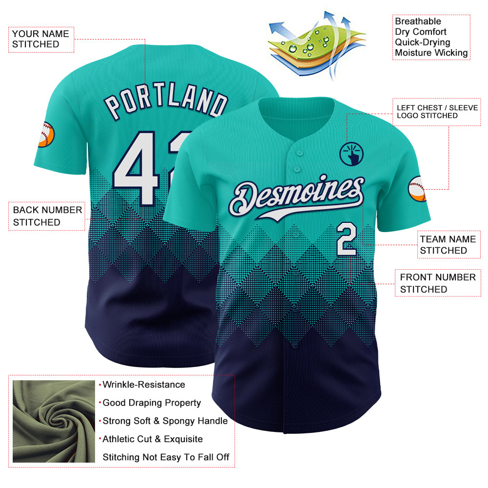 Custom Aqua White-Navy 3D Gradient Square Shape Authentic Baseball Jersey