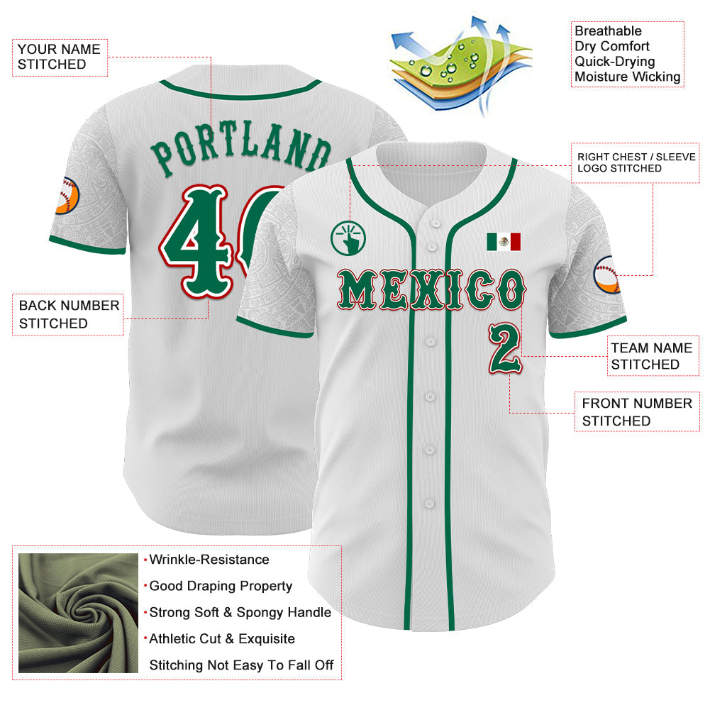 Custom White Kelly Green-Red 3D Mexico Mexican Flag Authentic Baseball Jersey
