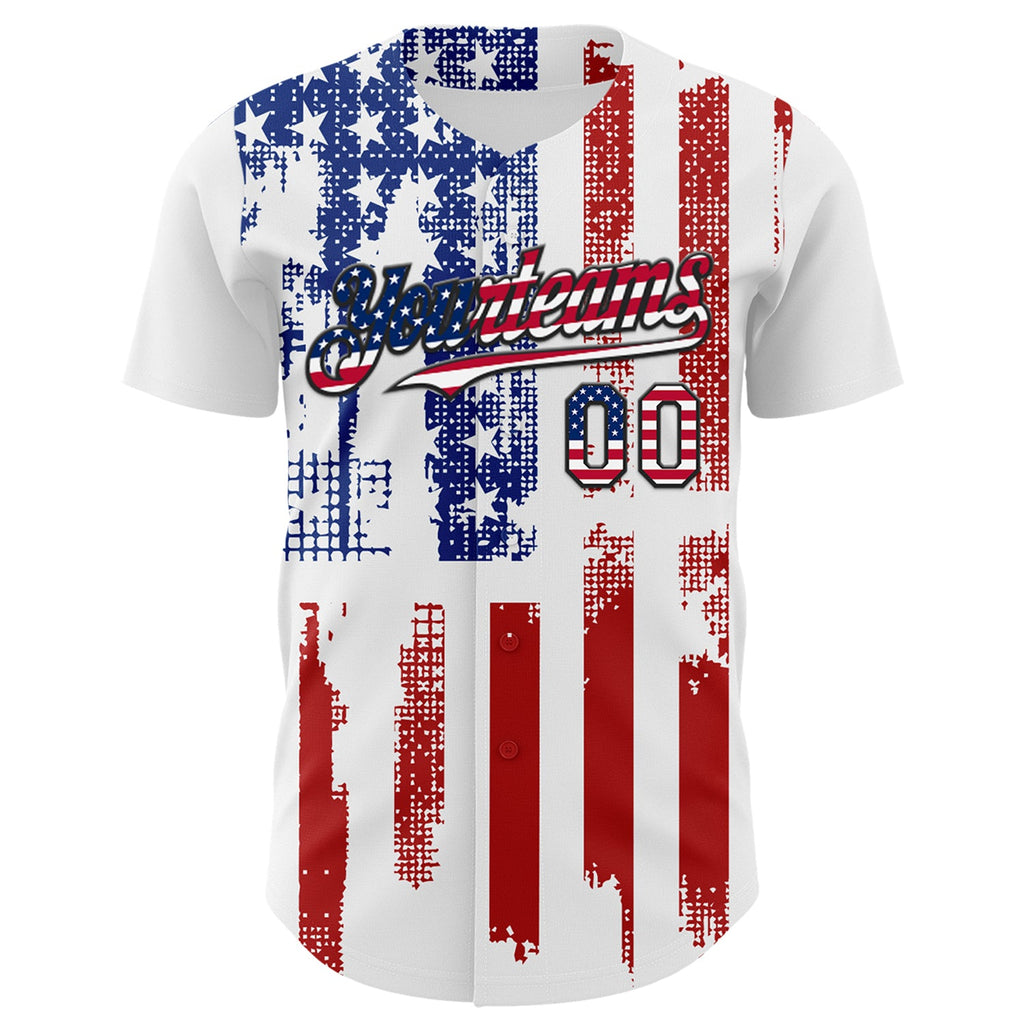 Custom White USA Flag Fire Red-Black 3D Patriotic Skull Authentic Baseball Jersey