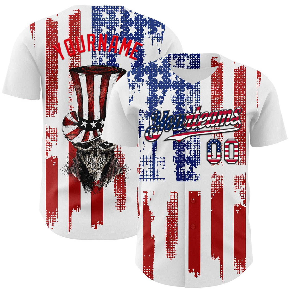 Custom White USA Flag Fire Red-Black 3D Patriotic Skull Authentic Baseball Jersey