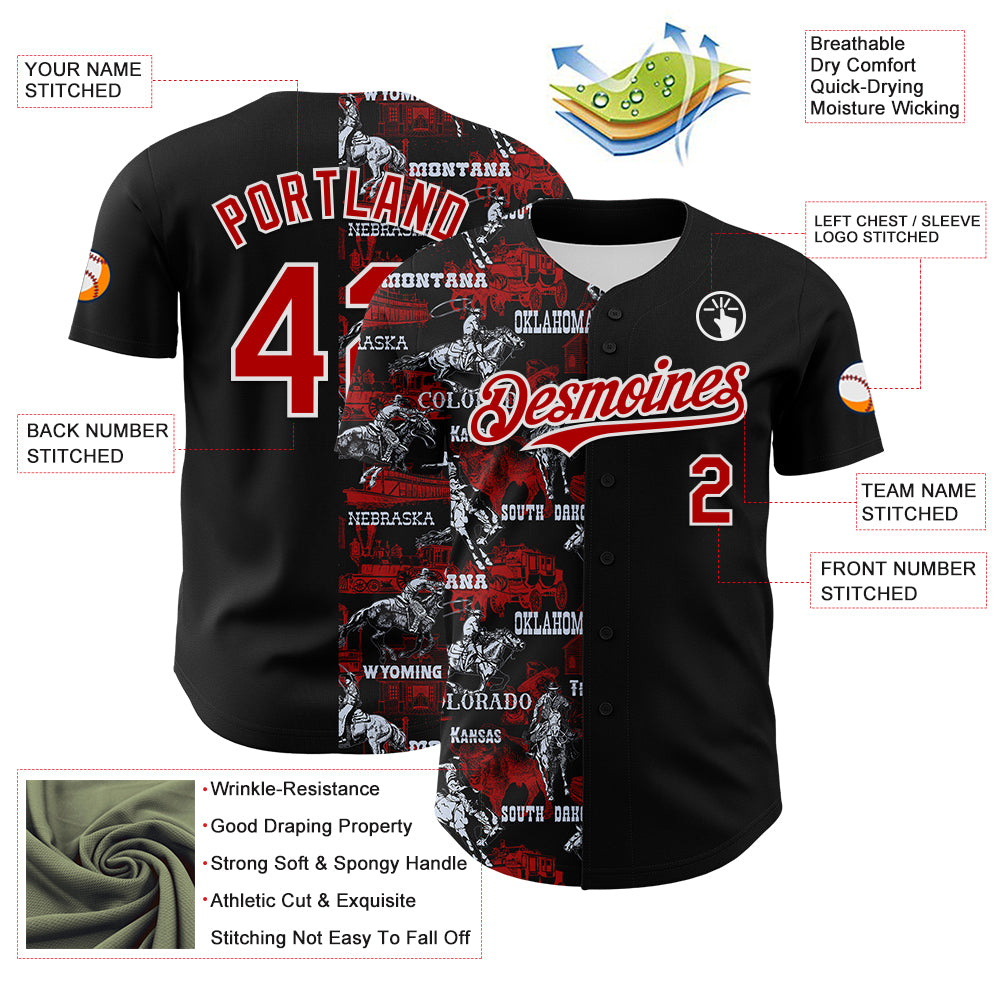 Custom Black Red-White 3D Pattern Design Patriotic American Spirit Rodeo Cowboy Authentic Baseball Jersey