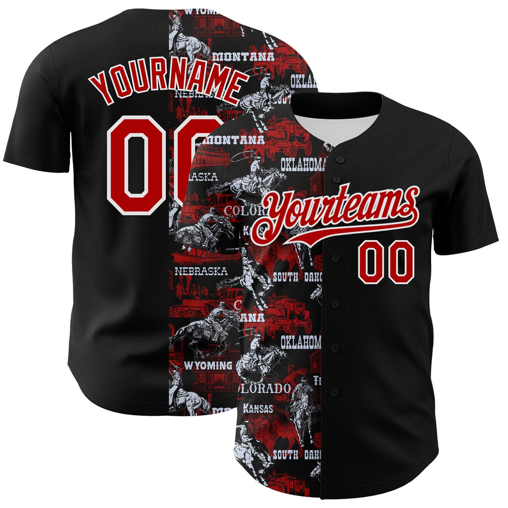 Custom Black Red-White 3D Pattern Design Patriotic American Spirit Rodeo Cowboy Authentic Baseball Jersey