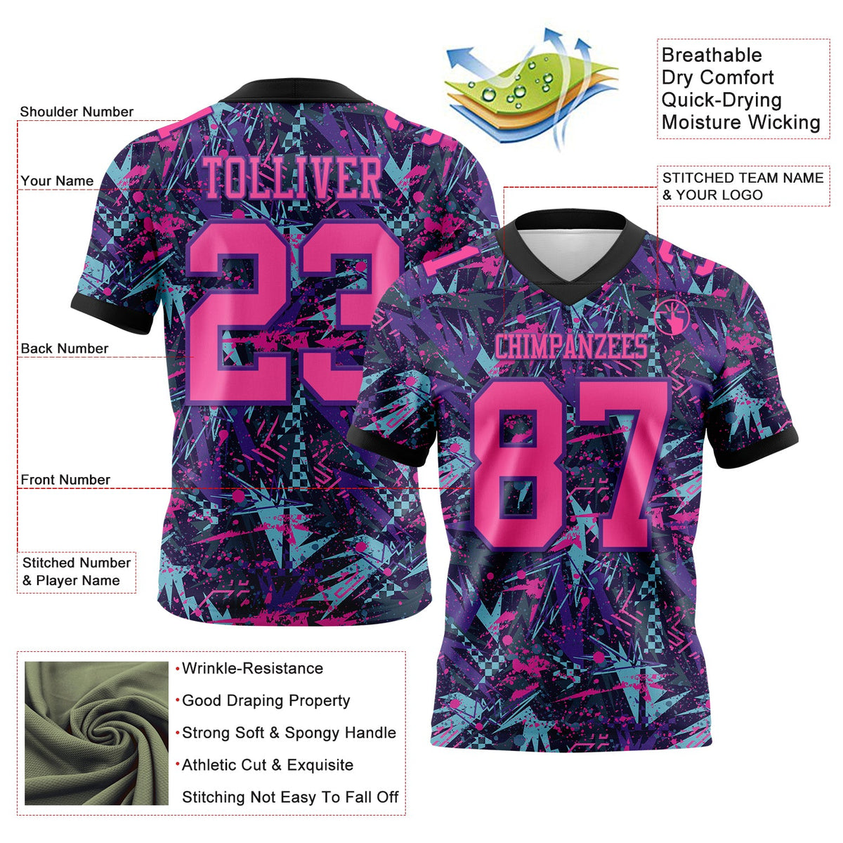 Custom Graffiti Pattern Pink Purple-Black 3D Pattern Creative Geometric Figures And Dots Authentic Football Jersey