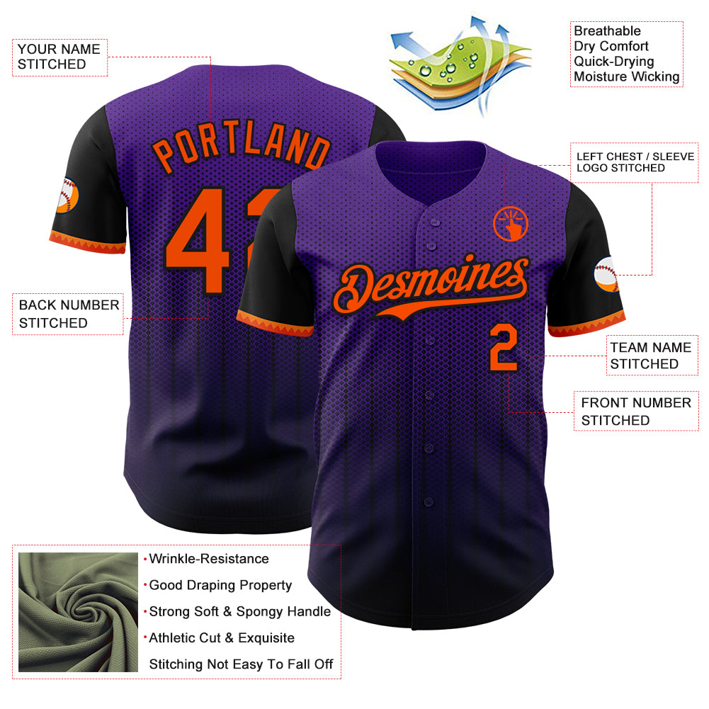 Custom Purple Orange-Black 3D Pattern Design Gradient Geometric Shape Authentic Baseball Jersey