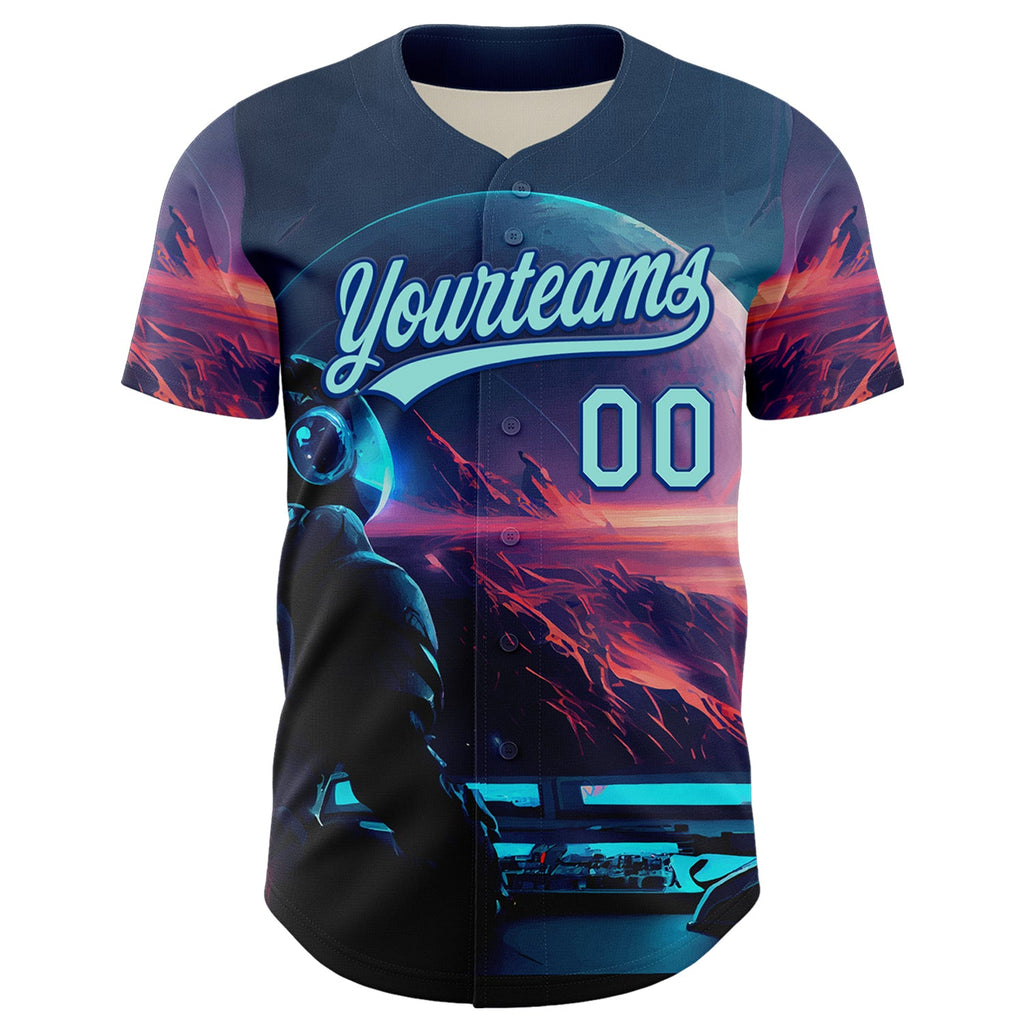 Custom Blue Ice Blue-Royal 3D Pattern Design Outer Space Starships Authentic Baseball Jersey