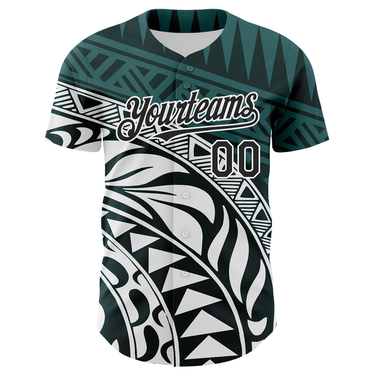 Custom Teal Black-White 3D Polynesian Style Islander Authentic Baseball Jersey