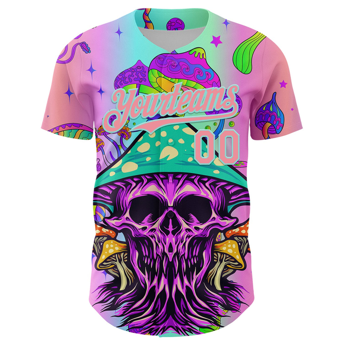 Custom Purple Medium Pink-Ice Blue 3D Pattern Design Trippy Magic Mushrooms Skull Authentic Baseball Jersey