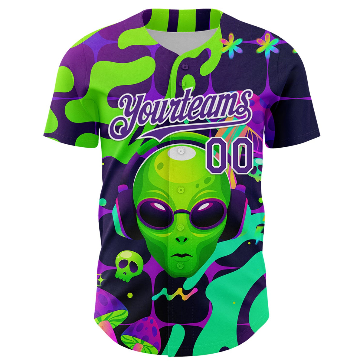 Custom Black Purple-White 3D Pattern Design Trippy Skull Alien Authentic Baseball Jersey
