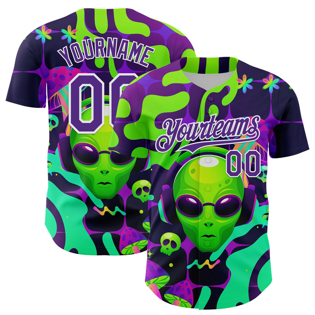 Custom Black Purple-White 3D Pattern Design Trippy Skull Alien Authentic Baseball Jersey
