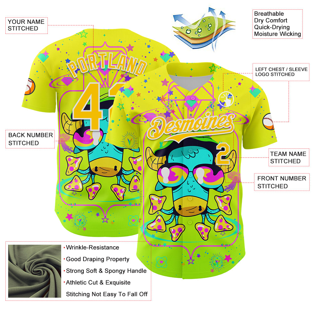 Custom Gold Yellow Green-White 3D Pattern Design Trippy Psychedelic Magic Mushrooms Authentic Baseball Jersey