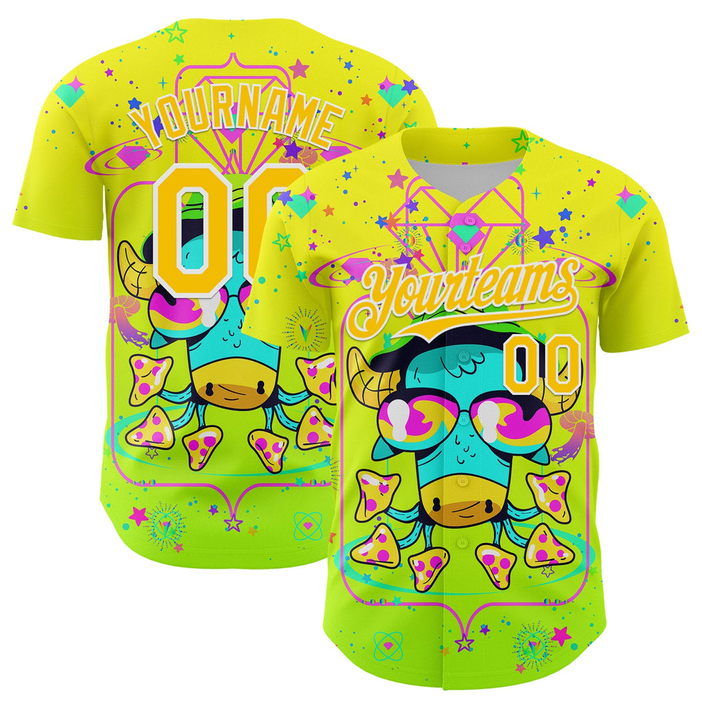 Custom Gold Yellow Green-White 3D Pattern Design Trippy Psychedelic Magic Mushrooms Authentic Baseball Jersey