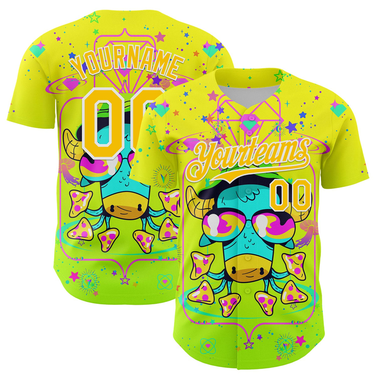 Custom Gold Yellow Green-White 3D Pattern Design Trippy Psychedelic Magic Mushrooms Authentic Baseball Jersey