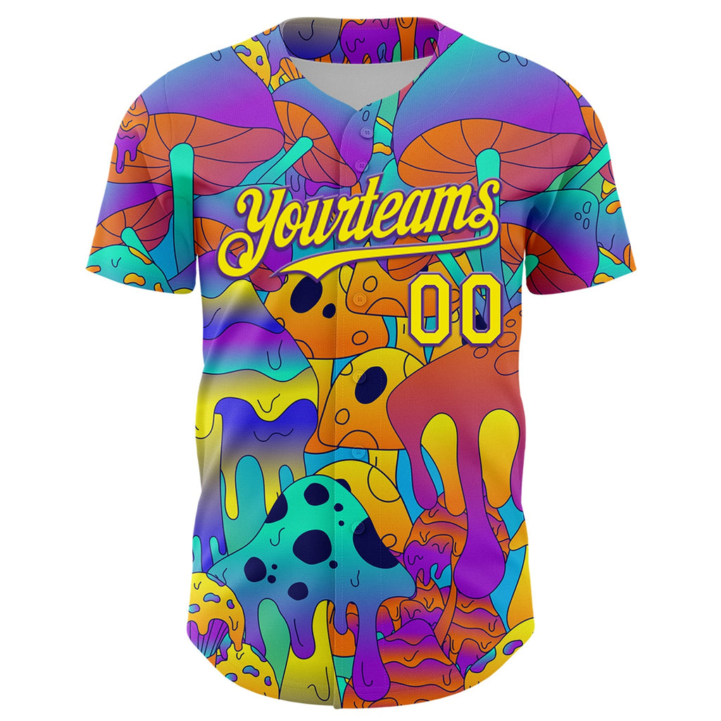 Custom Purple Light Yellow 3D Pattern Design Trippy Magic Mushrooms Trance Authentic Baseball Jersey