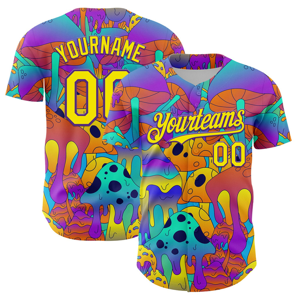 Custom Purple Light Yellow 3D Pattern Design Trippy Magic Mushrooms Trance Authentic Baseball Jersey
