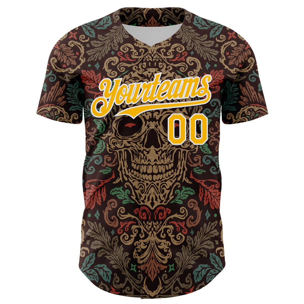 Custom Brown Gold-White 3D Pattern Design Burner Costumes Skull Floral Authentic Baseball Jersey
