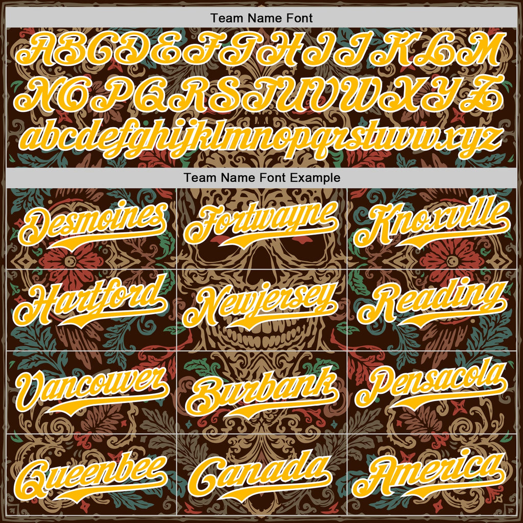 Custom Brown Gold-White 3D Pattern Design Burner Costumes Skull Floral Authentic Baseball Jersey