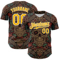 Custom Brown Gold-White 3D Pattern Design Burner Costumes Skull Floral Authentic Baseball Jersey