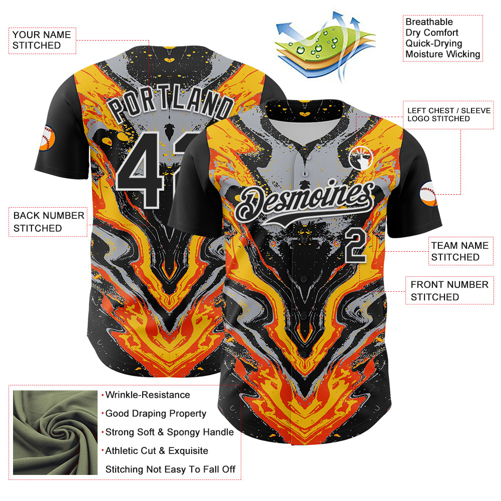 Custom Black Gray Orange Yellow-White 3D Pattern Design Rave Party Marble Lava Authentic Baseball Jersey