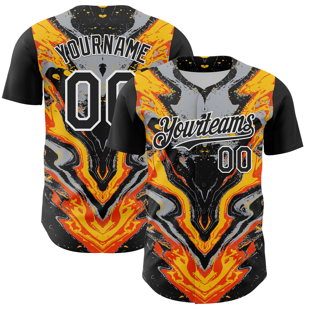 Custom Black Gray Orange Yellow-White 3D Pattern Design Rave Party Marble Lava Authentic Baseball Jersey