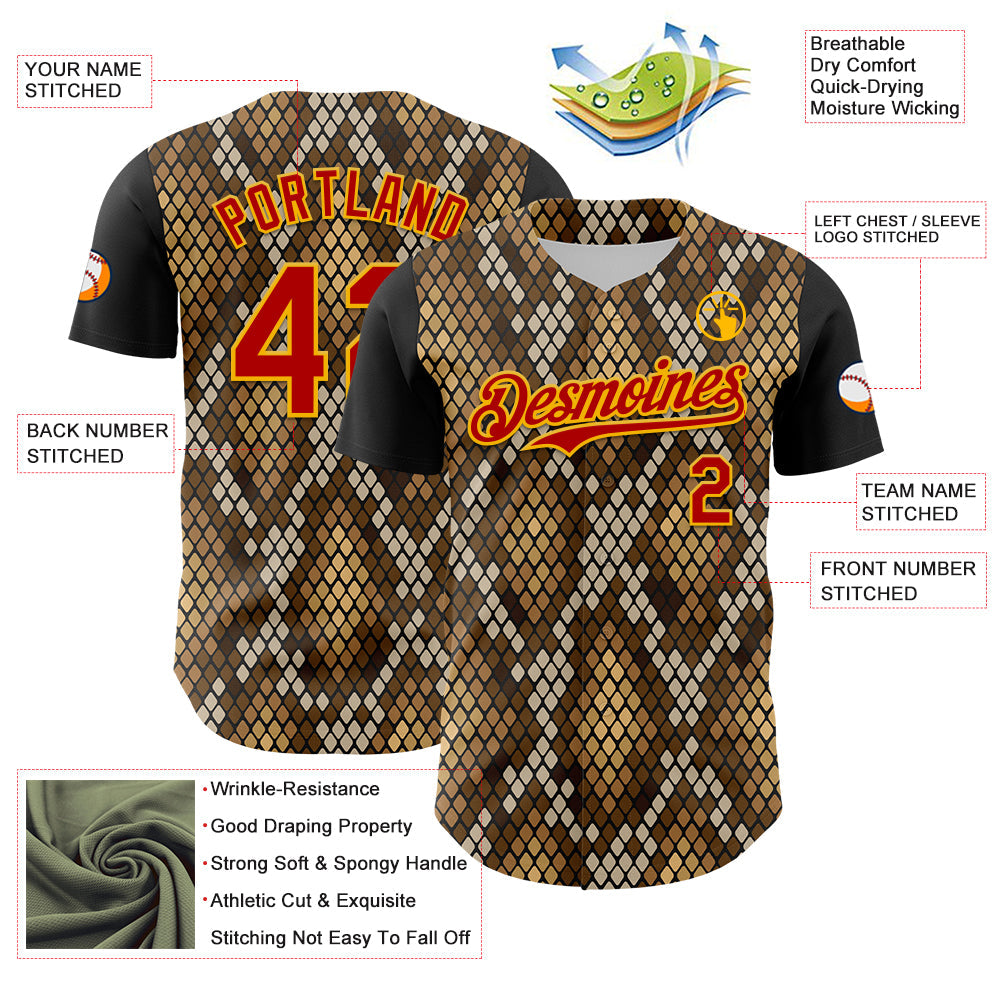 Custom Black Red-Gold 3D Pattern Design Rave Party Animal Snake Python Print Authentic Baseball Jersey