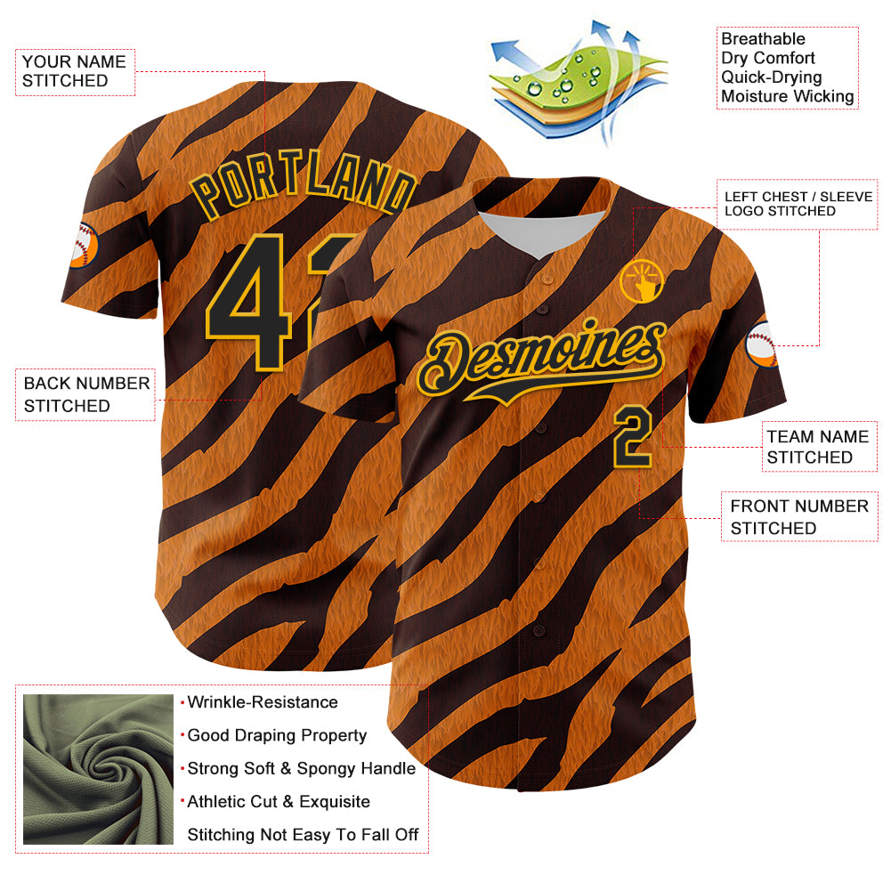 Custom Orange Black-Gold 3D Pattern Design Rave Party Tiger Print Authentic Baseball Jersey