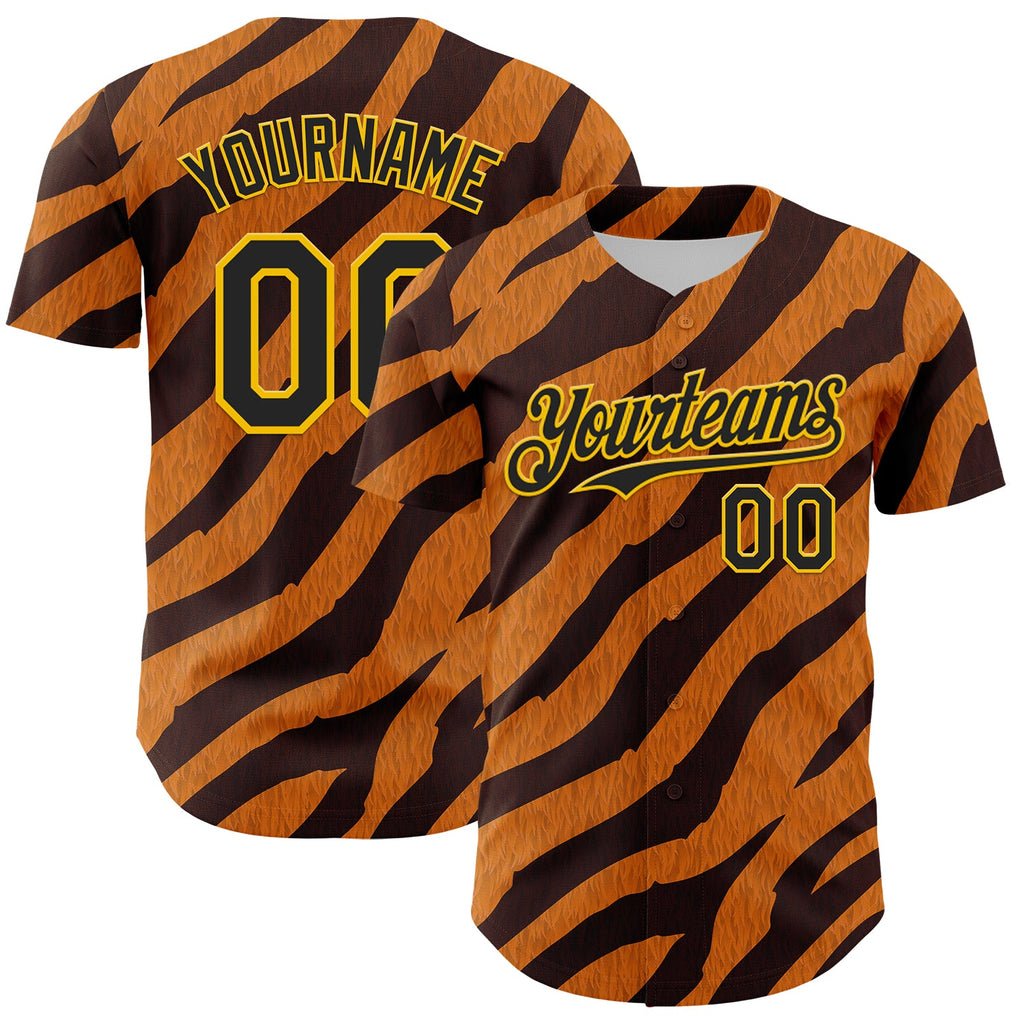 Custom Orange Black-Gold 3D Pattern Design Rave Party Tiger Print Authentic Baseball Jersey