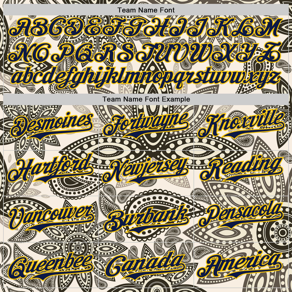 Custom Cream Navy-Yellow 3D Pattern Design Burner Costumes Paisley Bandana Authentic Baseball Jersey