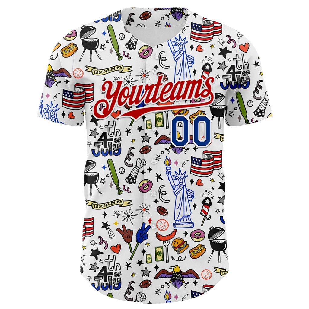 Custom White Royal-Red 3D American Flag Independence Day National Symbols Authentic Baseball Jersey