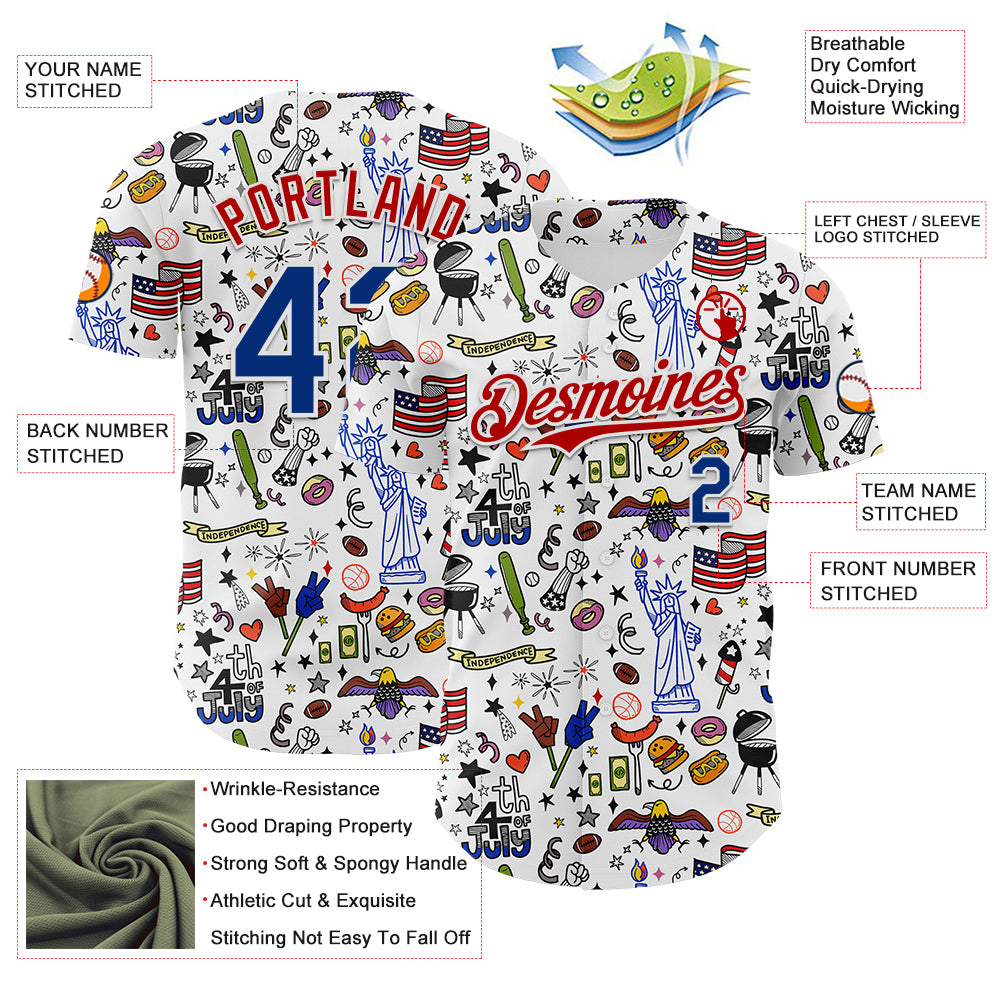 Custom White Royal-Red 3D American Flag Independence Day National Symbols Authentic Baseball Jersey