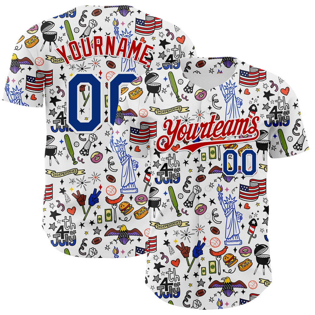 Custom White Royal-Red 3D American Flag Independence Day National Symbols Authentic Baseball Jersey