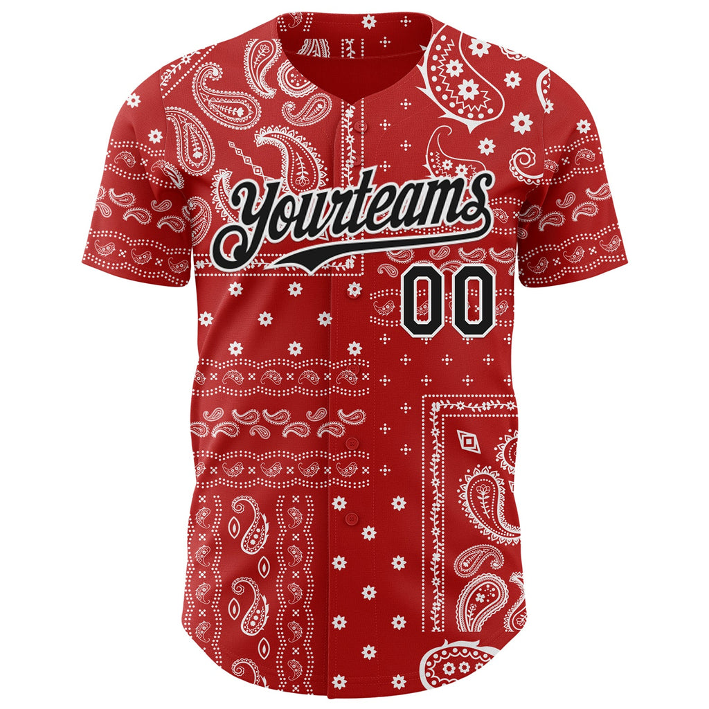 Custom Red Black-White Rave Party Ethnic Paisley Bandana Authentic Baseball Jersey