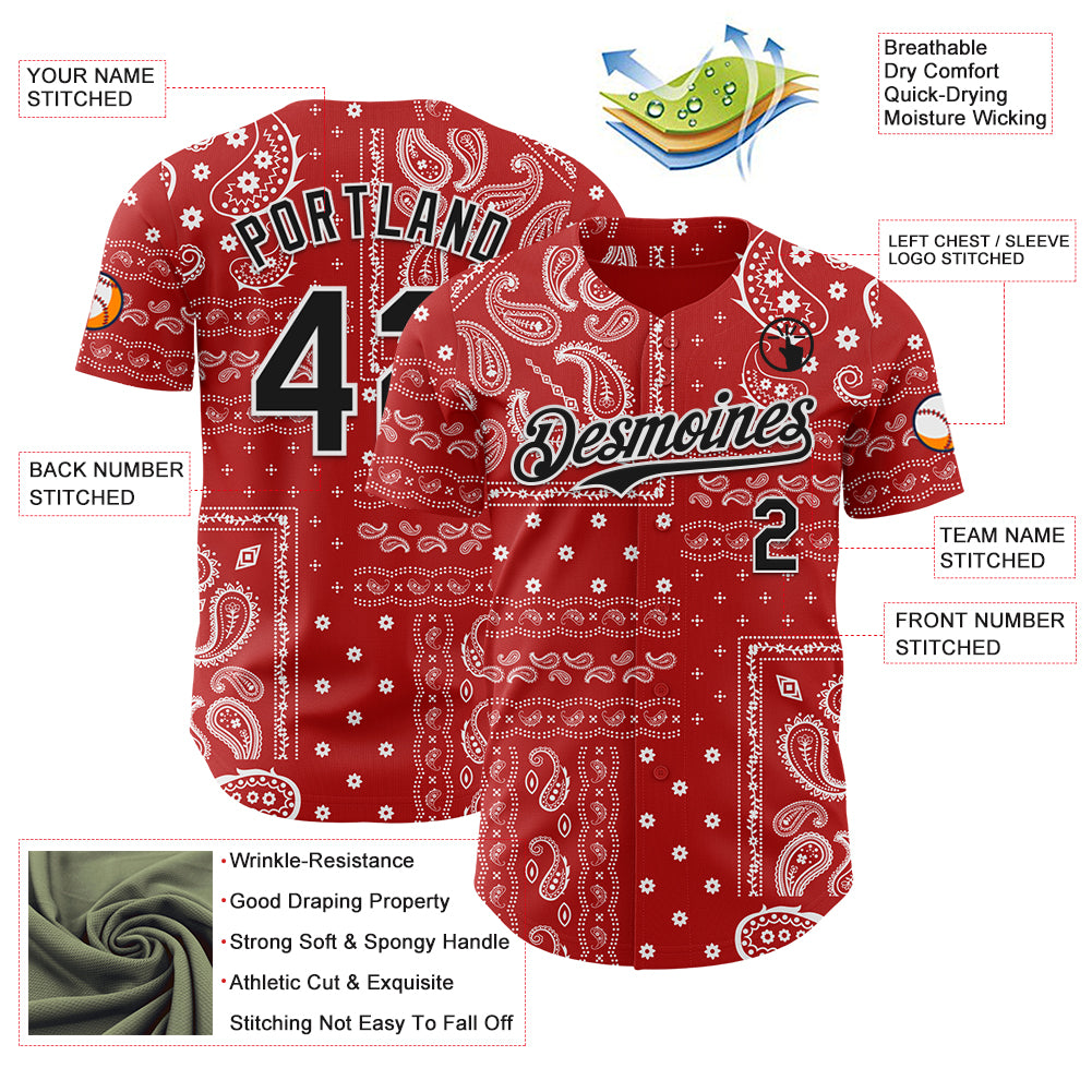 Custom Red Black-White Rave Party Ethnic Paisley Bandana Authentic Baseball Jersey