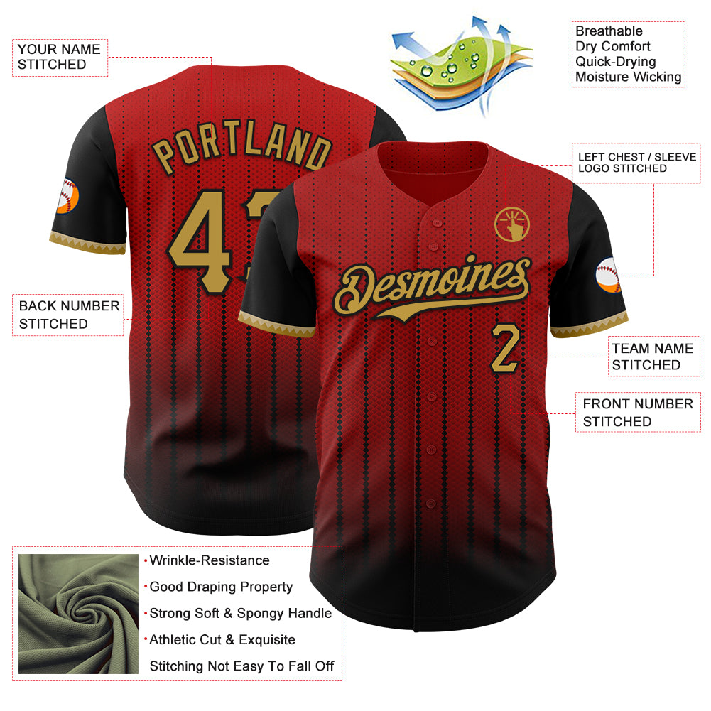 Custom Red Old Gold-Black 3D Pattern Design Gradient Geometric Shape Authentic Baseball Jersey
