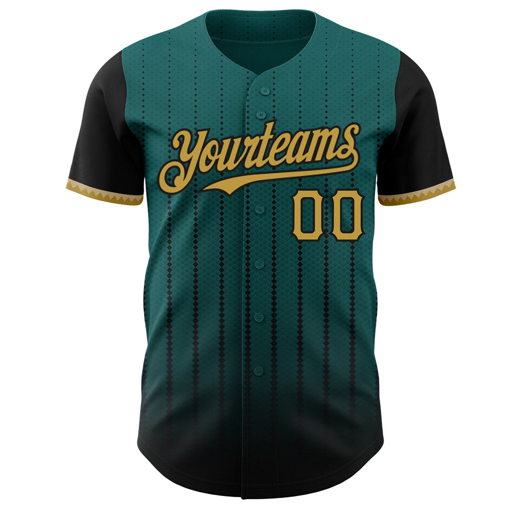 Custom Teal Old Gold-Black 3D Pattern Design Gradient Geometric Shape Authentic Baseball Jersey
