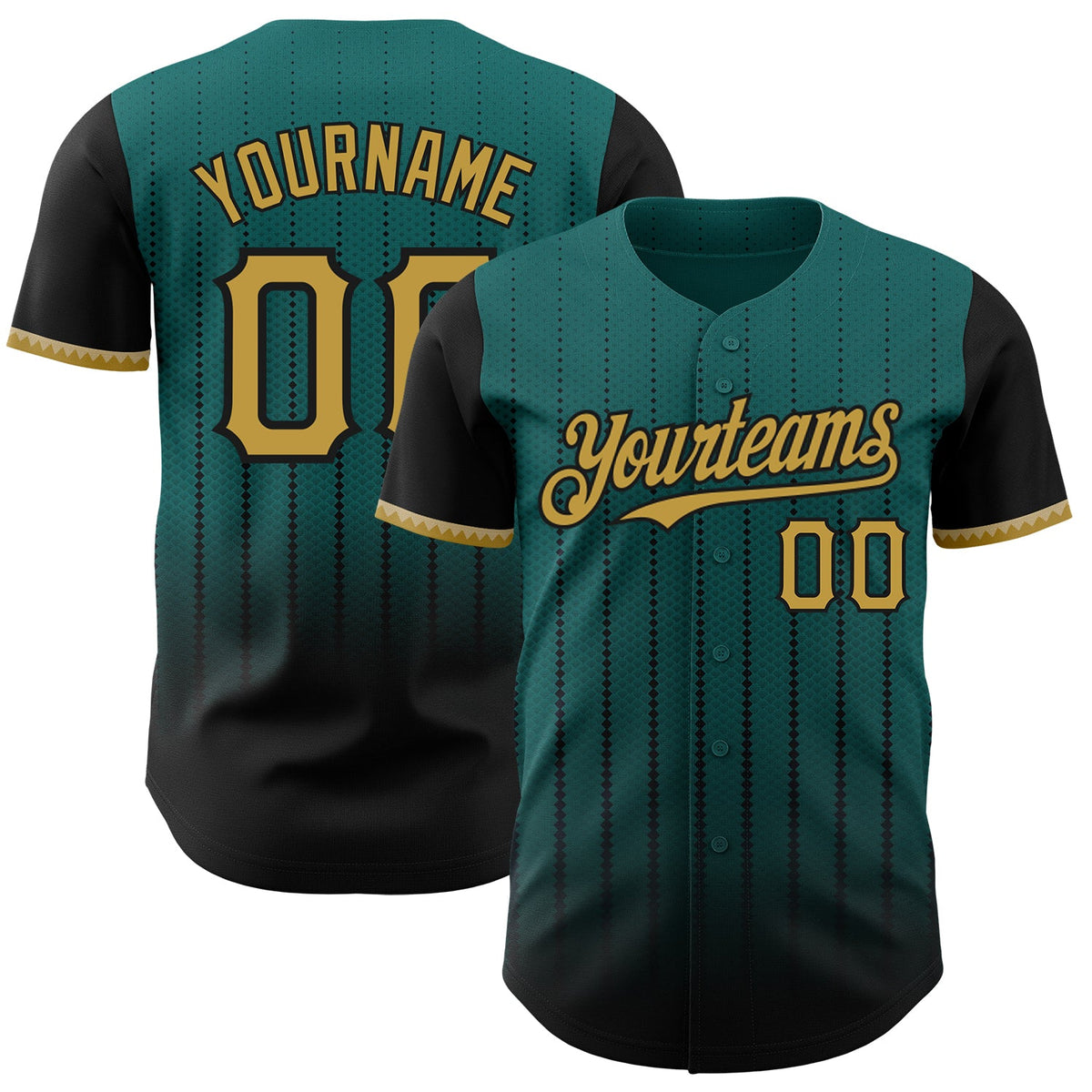Custom Teal Old Gold-Black 3D Pattern Design Gradient Geometric Shape Authentic Baseball Jersey