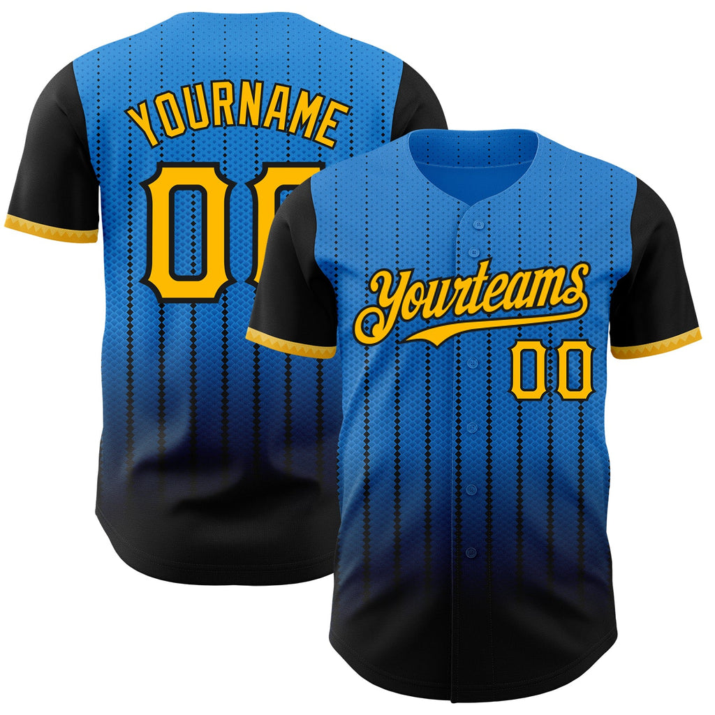 Custom Electric Blue Gold-Black 3D Pattern Design Gradient Geometric Shape Authentic Baseball Jersey