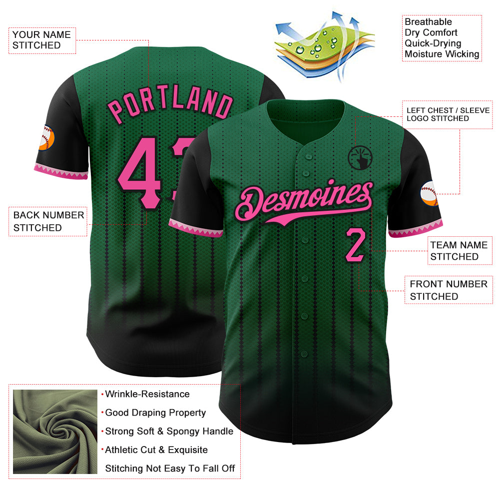 Custom Kelly Green Pink-Black 3D Pattern Design Gradient Geometric Shape Authentic Baseball Jersey