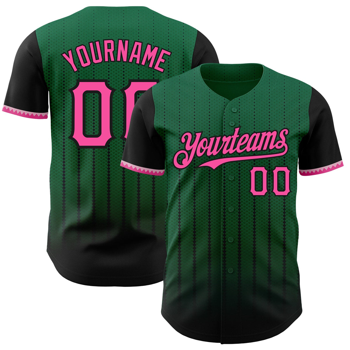 Custom Kelly Green Pink-Black 3D Pattern Design Gradient Geometric Shape Authentic Baseball Jersey