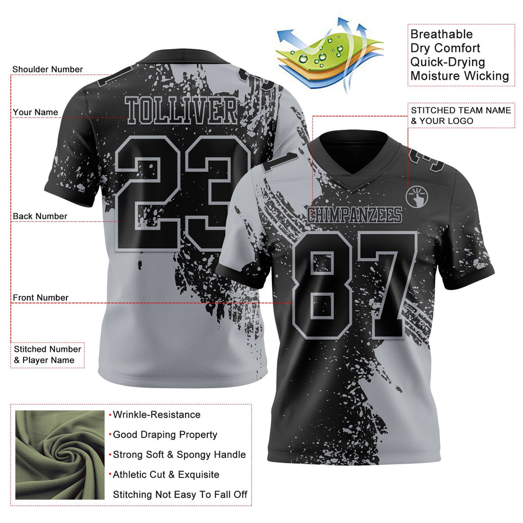 Custom Black Gray 3D Pattern Abstract Brush Stroke Authentic Football Jersey