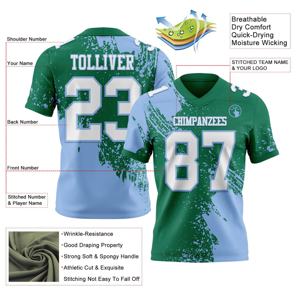 Custom Kelly Green White-Light Blue 3D Pattern Abstract Brush Stroke Authentic Football Jersey