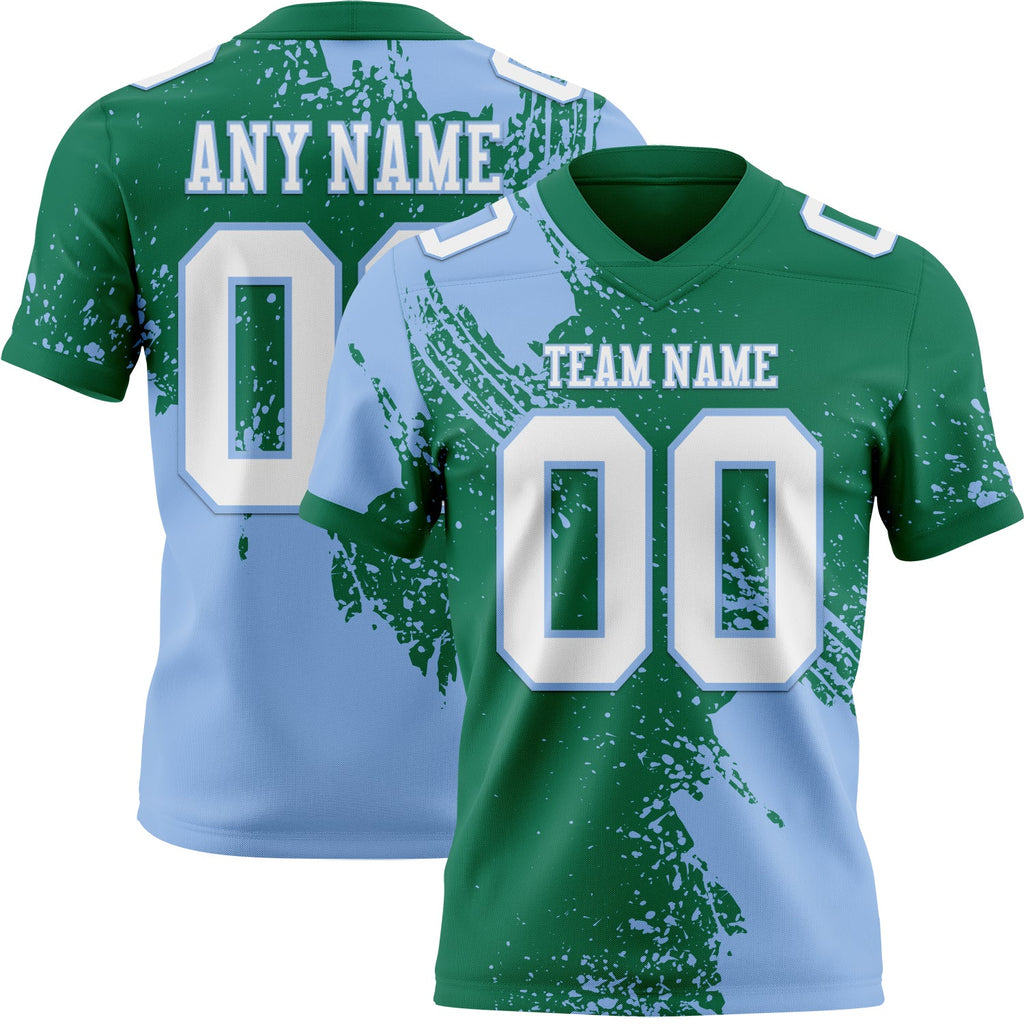 Custom Kelly Green White-Light Blue 3D Pattern Abstract Brush Stroke Authentic Football Jersey