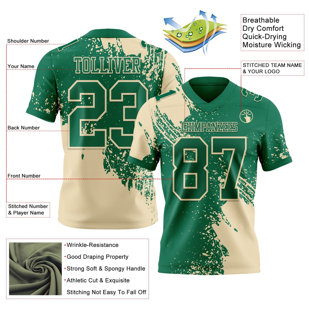 Custom Kelly Green Cream 3D Pattern Abstract Brush Stroke Authentic Football Jersey