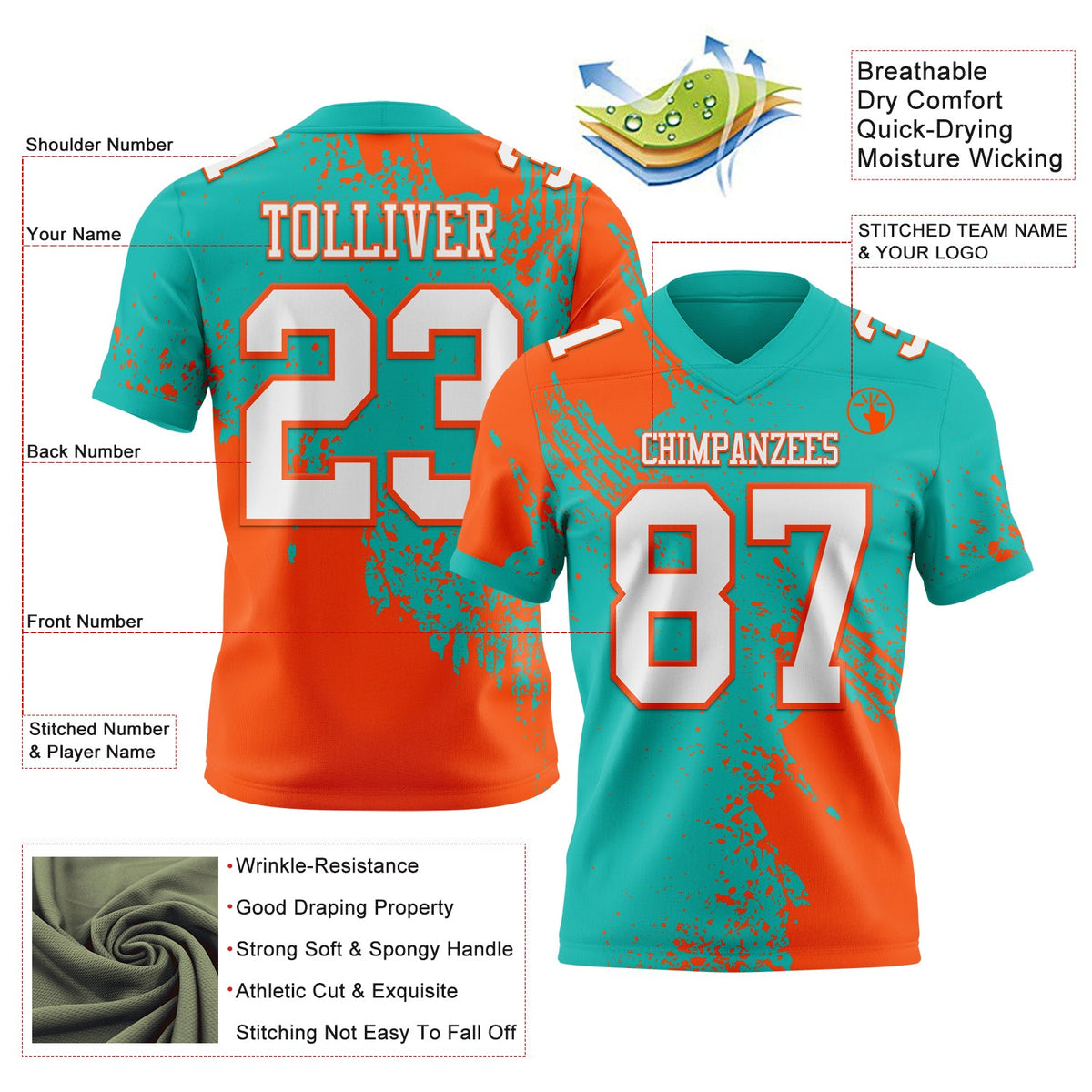 Custom Aqua White-Orange 3D Pattern Abstract Brush Stroke Authentic Football Jersey