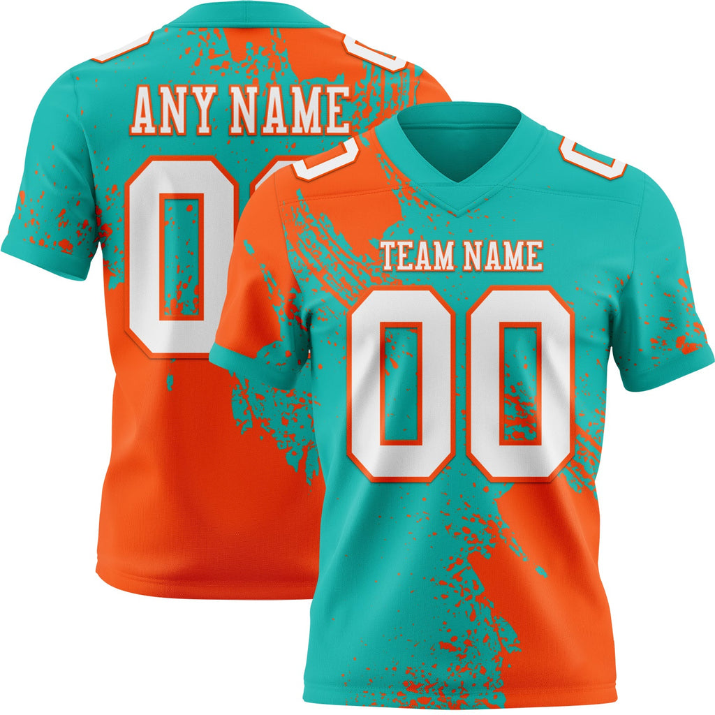 Custom Aqua White-Orange 3D Pattern Abstract Brush Stroke Authentic Football Jersey