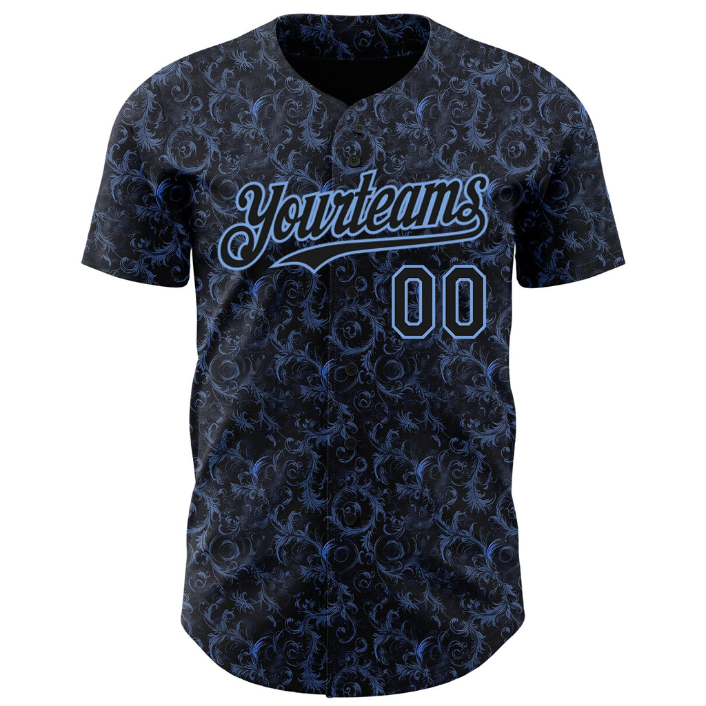 Custom Black Light Blue Flower Authentic Baseball Jersey