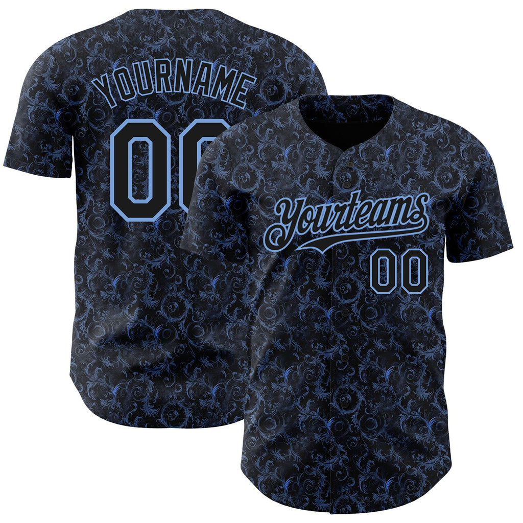 Custom Black Light Blue Flower Authentic Baseball Jersey