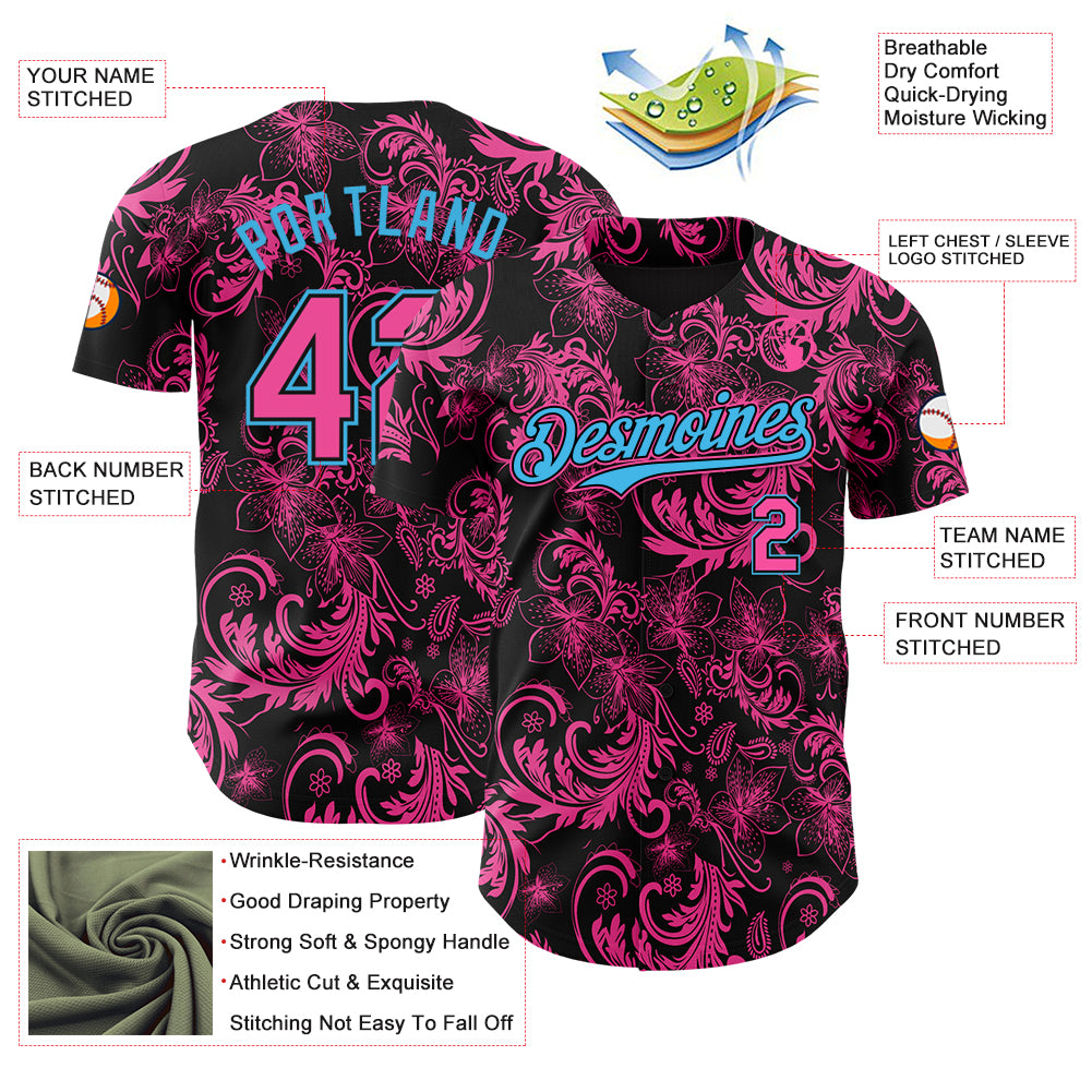 Custom Black Pink-Sky Blue Flower Authentic Baseball Jersey