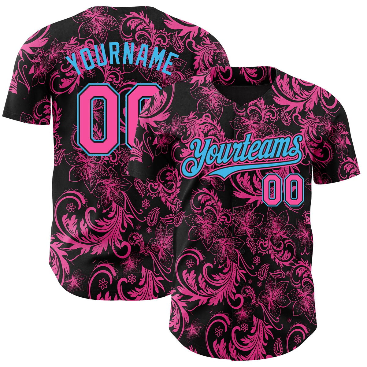 Custom Black Pink-Sky Blue Flower Authentic Baseball Jersey