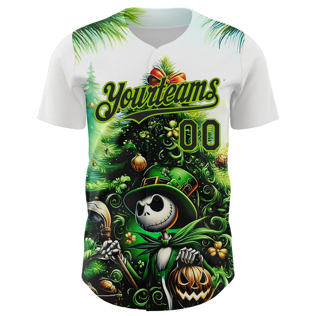 Custom White Black-Neon Green 3D Halloween Spooky Pumpkin Authentic Baseball Jersey